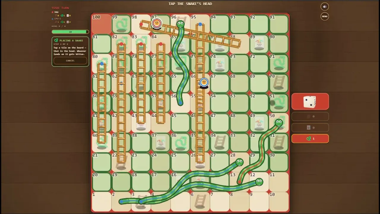 Choosing where a snake lands: every legal tile lights up