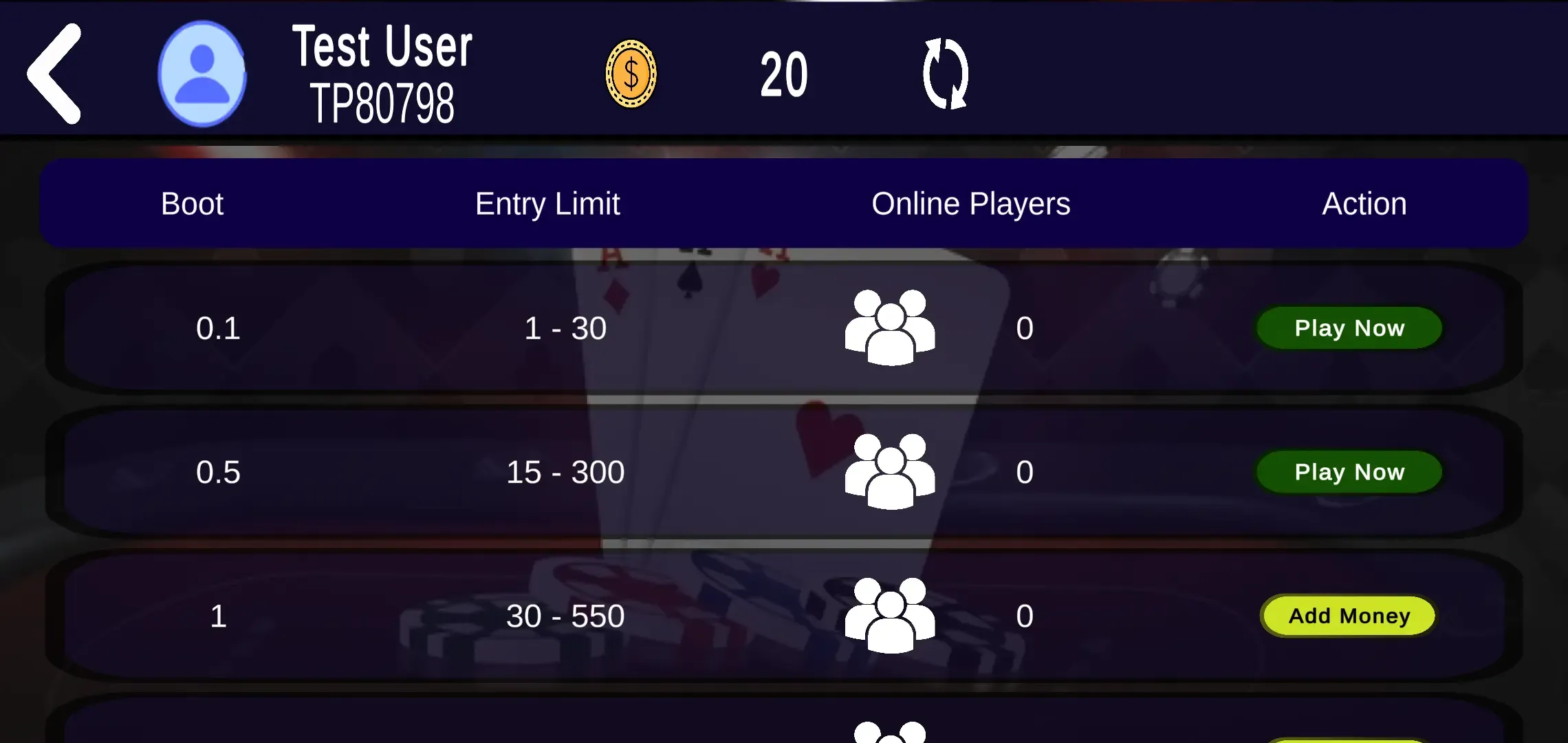 Pick a table by boot and entry limit, with live online-player counts