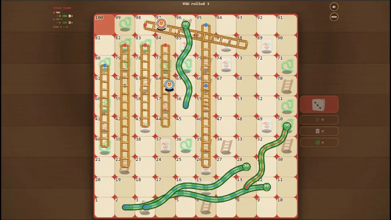 Mid-match on the 10×10 board, snakes and ladders stacking up