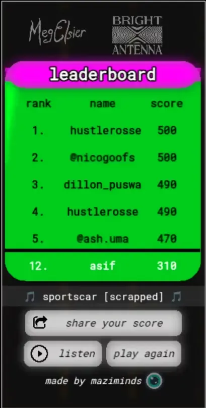 A live leaderboard ranks every player's run