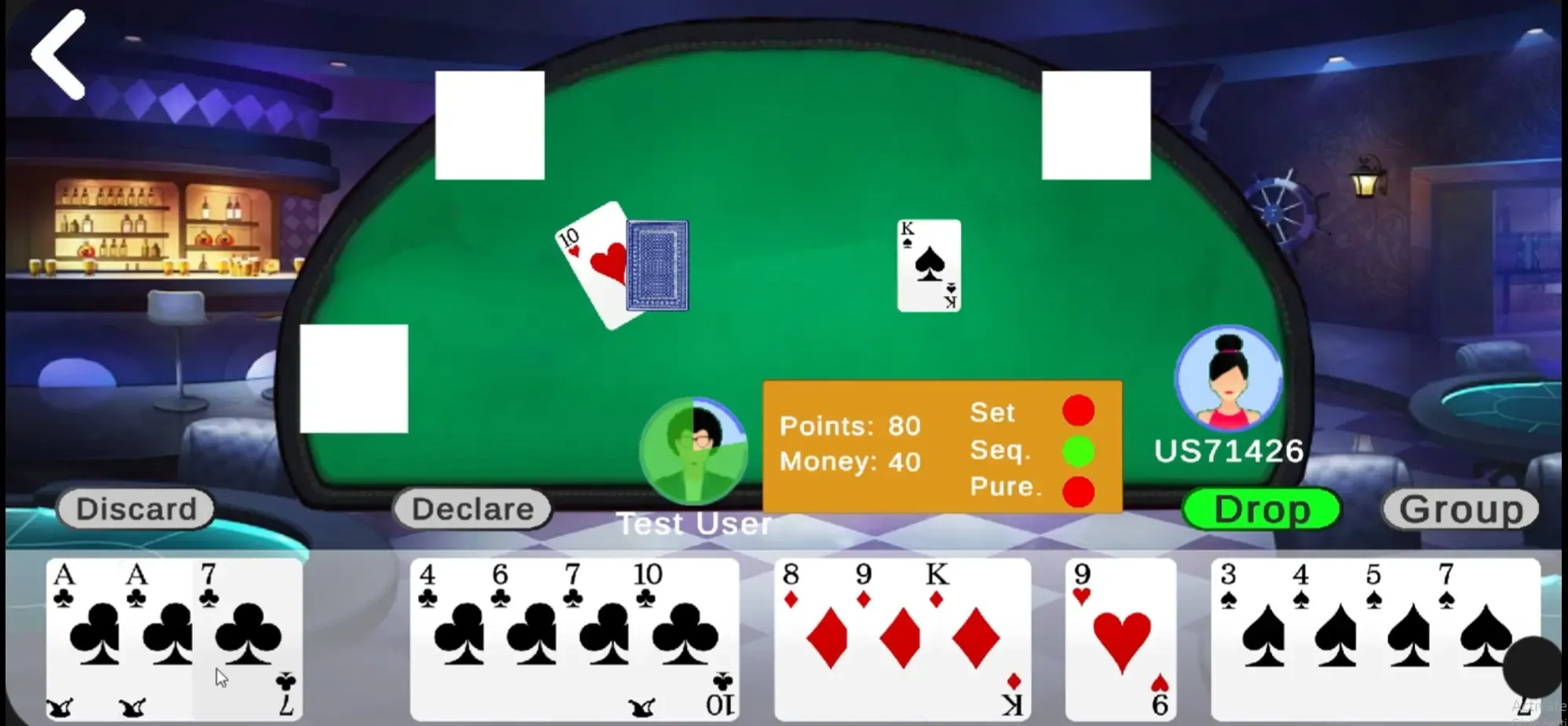 Rummy in play — arrange sets and sequences, then declare