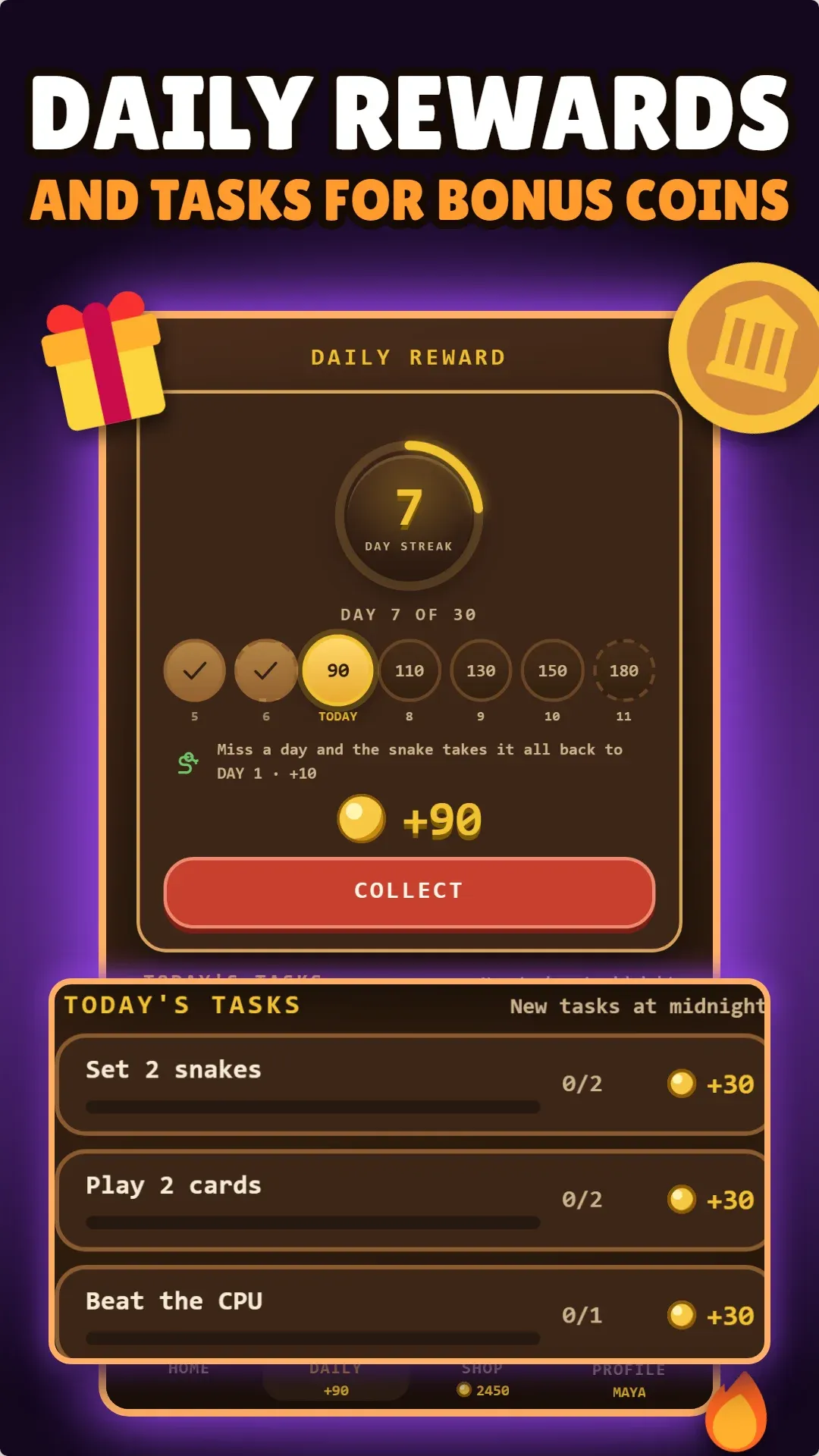 Daily rewards and tasks for bonus coins